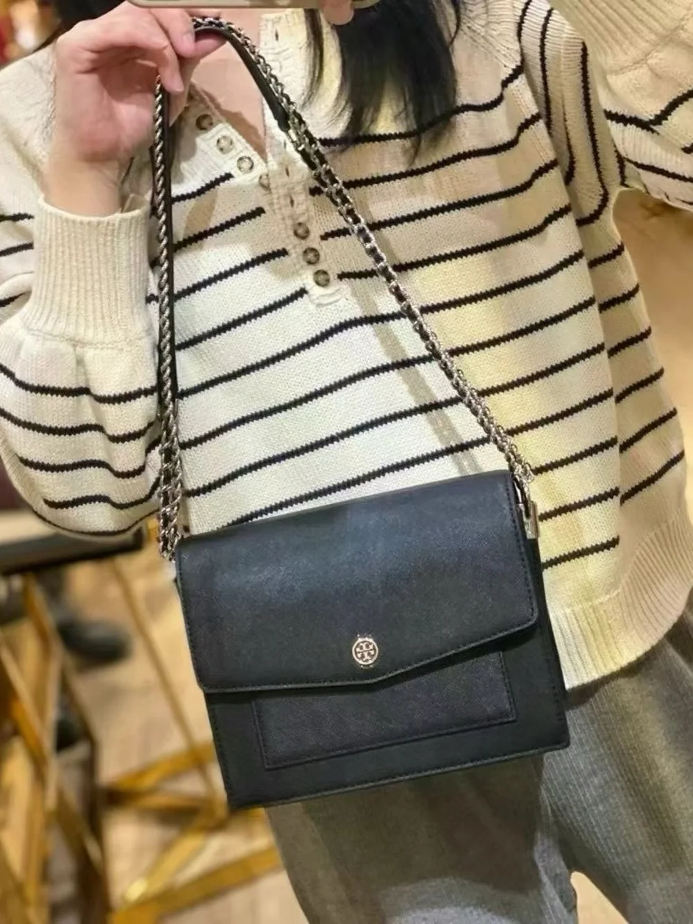 Tory Burch Robinson Convertible Shoulder Bag Black Silver Logo NWT